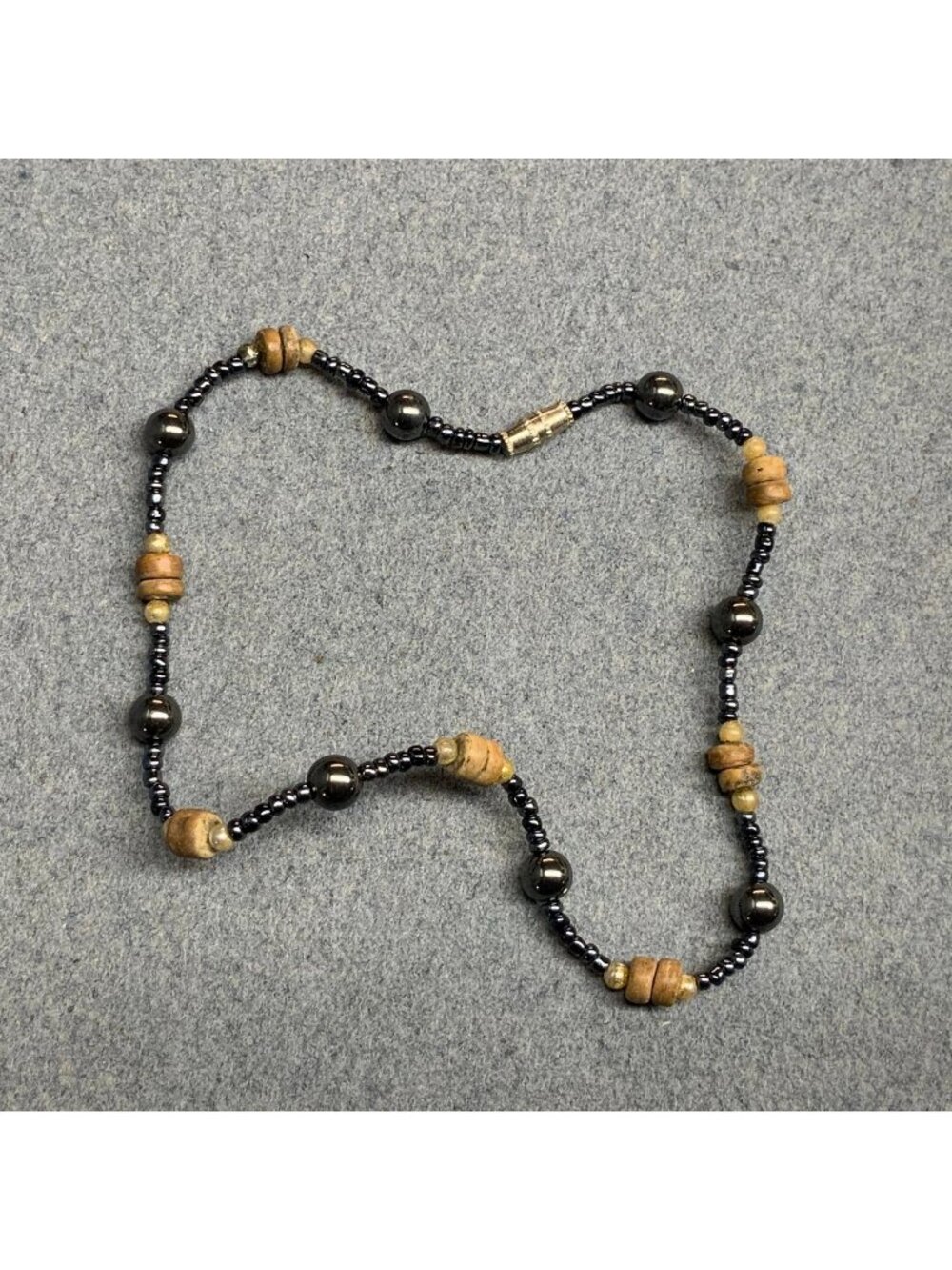 Hematite Bead Anklet 9 In As Is Ankle Bracelet Black Brown Wood Silver Screw 70s